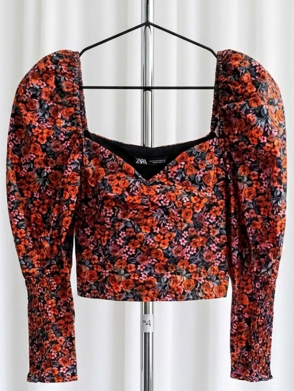 Zara Black Floral Puff-Sleeve Crop Top with Orange & Pink Roses